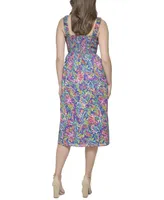 kensie Women's Printed Smocked-Bodice Dress