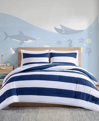 Closeout! Urban Habitat Kids Sammie Cotton Cabana Stripe Reversible 3-Piece Comforter Set with Shark Reverse, Full/Queen