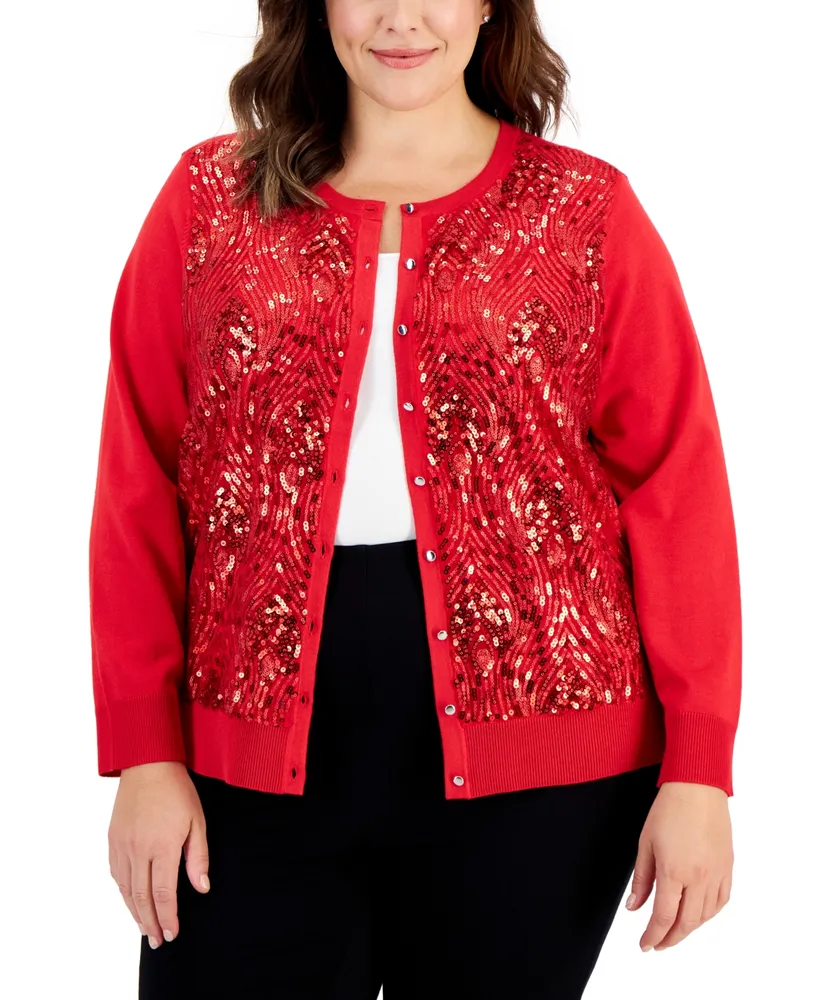 Jm Collection Plus Size Sequin Button-Front Long-Sleeve Cardigan, Created for Macy's