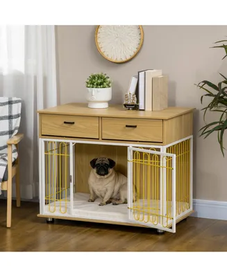 PawHut Dog Crate Furniture with 2 Drawers, Furniture Style Dog Crate End Table Indoor with Soft Cushion, Door for Medium Dogs, Oak
