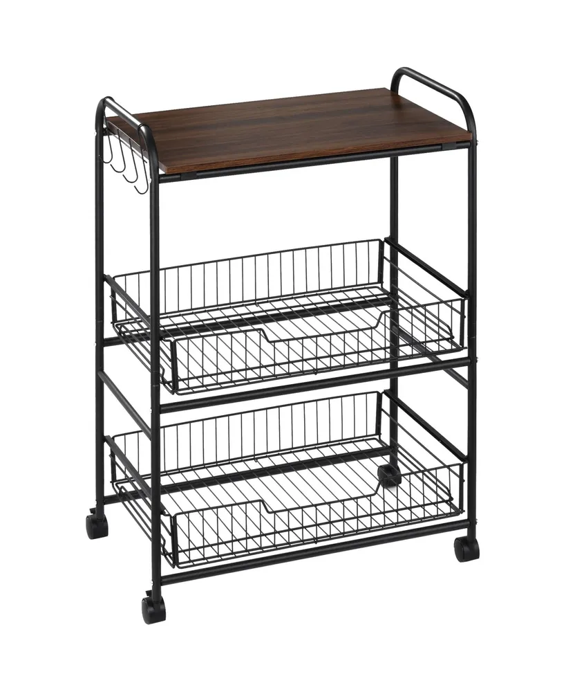 Homcom 24" 3-Tier Rolling Kitchen Cart, Utility Storage Trolley with 2 Basket Drawers, Side Hooks for Dining Room, Walnut Wood Tone