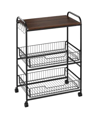 Homcom 24" 3-Tier Rolling Kitchen Cart, Utility Storage Trolley with 2 Basket Drawers, Side Hooks for Dining Room, Walnut Wood Tone