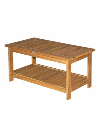 Outsunny 36" Outdoor Coffee Table 2-Shelf Acacia Wood Rectangular Buffet Storage Organizer Natural Finish Teak Patio, Deck, Lawn, Garden