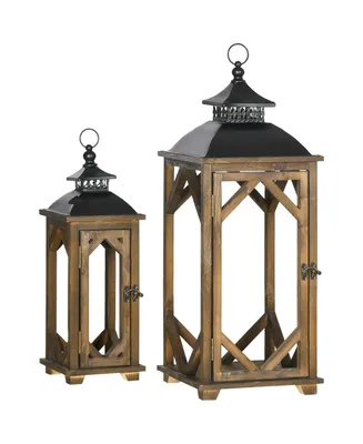 Homcom 2 Pack 31"/21" Large Rustic Lantern Decorative, Hanging Wooden Metal Indoor Covered Outdoor Lantern for Home Decor, Black and Dark Wood Color