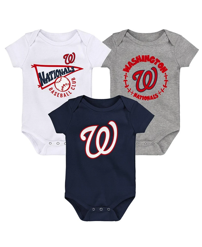 Newborn and Infant Boys Girls Navy, White, Heather Gray Washington Nationals Biggest Little Fan 3-Pack Bodysuit Set