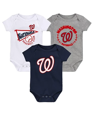 Newborn and Infant Boys Girls Navy, White, Heather Gray Washington Nationals Biggest Little Fan 3-Pack Bodysuit Set