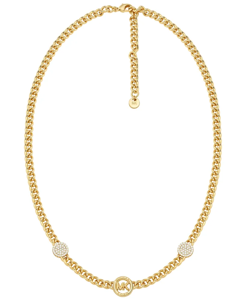 Michael Kors Brass Cubic Zirconia Pave Three Charm Chain Necklace in 14K Gold-Plated