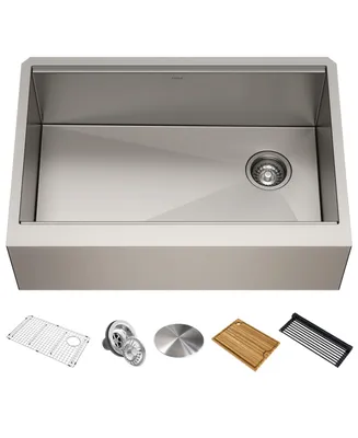 Kraus Kore in. Workstation Farmhouse Flat Apron Front 16 Gauge Single Bowl Stainless Steel Kitchen Sink with Accessories