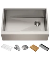 Kraus Kore in. Workstation Farmhouse Flat Apron Front 16 Gauge Single Bowl Stainless Steel Kitchen Sink with Accessories