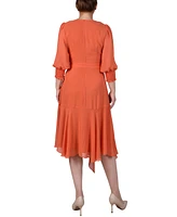 Ny Collection Petite 3/4 Sleeve Belted Chiffon Handkerchief Hem Dress