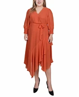 Ny Collection Plus 3/4 Sleeve Belted Chiffon Handkerchief Hem Dress