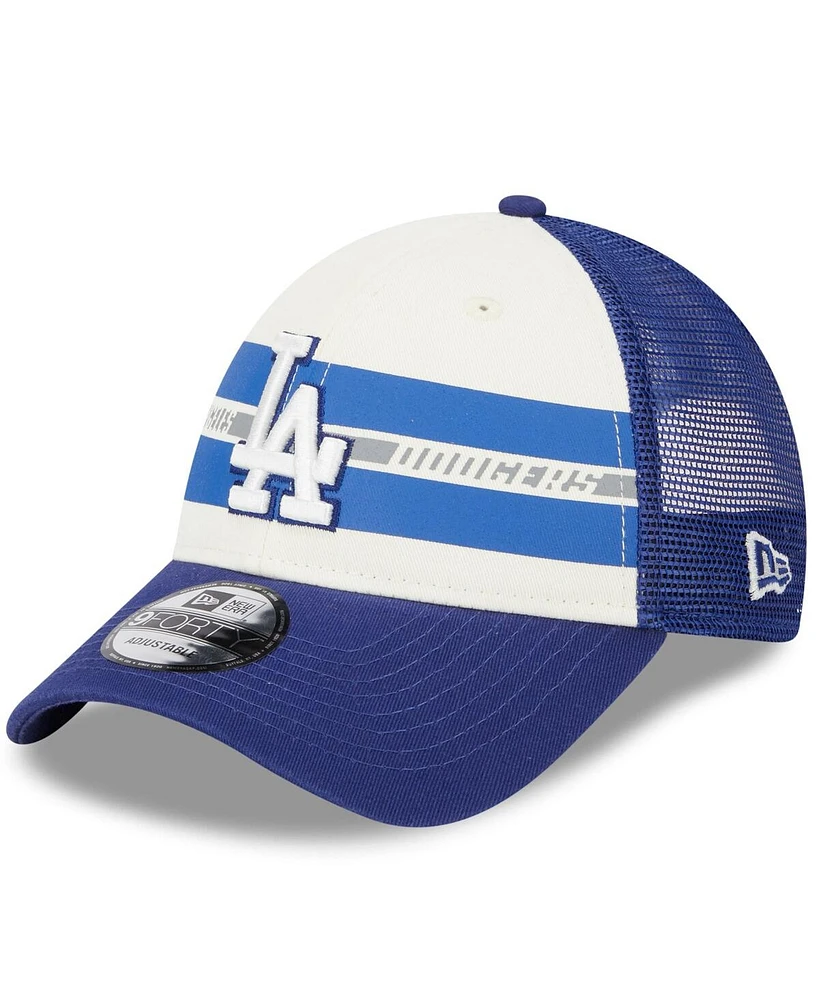 Men's New Era White, Royal Los Angeles Dodgers Team Stripe Trucker 9Forty Snapback Hat