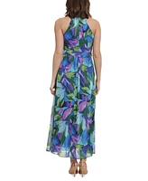 London Times Women's Floral-Print Wrap-Neck Tie-Front Halter Maxi Dress