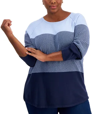 Karen Scott Plus Size Textured Colorblocked Cotton Sweater, Created for Macy's