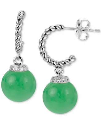 Jade & Lab-Grown White Sapphire (1/20 ct. t.w.) Dangle Hoop Drop Earrings in Sterling Silver (Also available in Onyx)