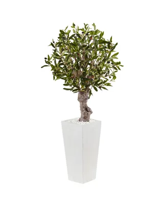 Nearly Natural 3.5' Olive Artificial Tree in White Tower Planter