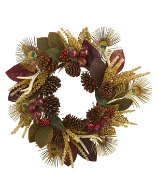 Nearly Natural 27" Magnolia Leaf, Berry, Antler & Peacock Feather Artificial Wreath