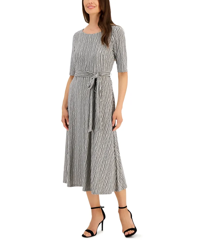 Kasper Plus Size Belted 3/4-Sleeve Knit Midi Dress