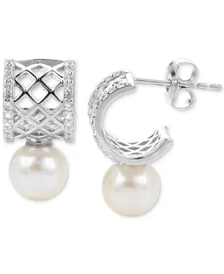 Cultured Freshwater Pearl (7mm) & Lab-Created White Sapphire (1/4 ct. t.w.) Huggie Hoop Earrings in Sterling Silver