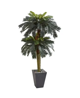 Nearly Natural 6' Double Sago Palm Artificial Tree in Slate-Finish Planter