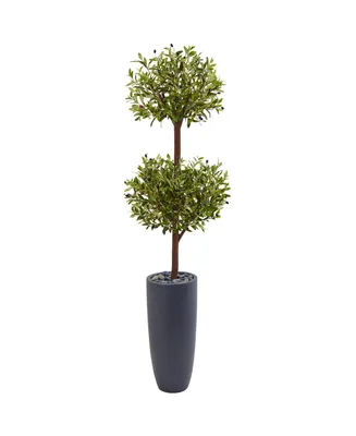 Nearly Natural 6' Olive Double Topiary Artificial Tree in Gray Cylinder Planter