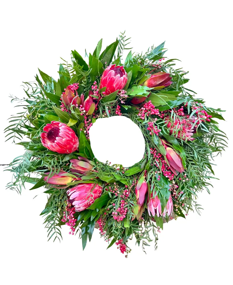 GreenishBlu Fresh Real Bayleaf, Pepperberry and Pink Ice Proteas Spring Wreath