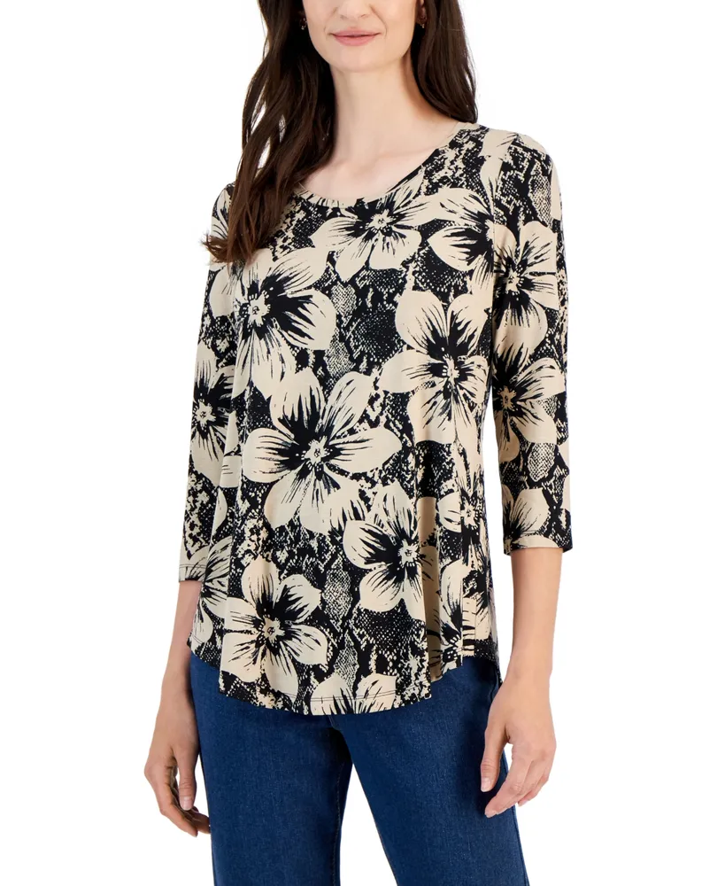 Jm Collection Women's Floral-Print 3/4-Sleeve Top, Created for Macy's
