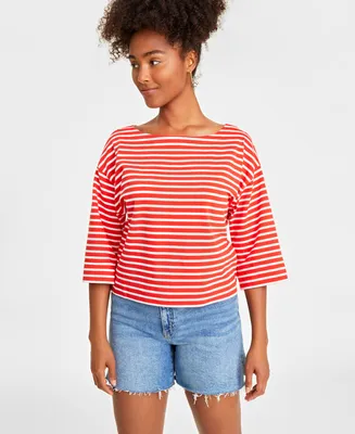 On 34th Women's Heavyweight Cotton Striped Boat-Neck Top, Created for Macy's