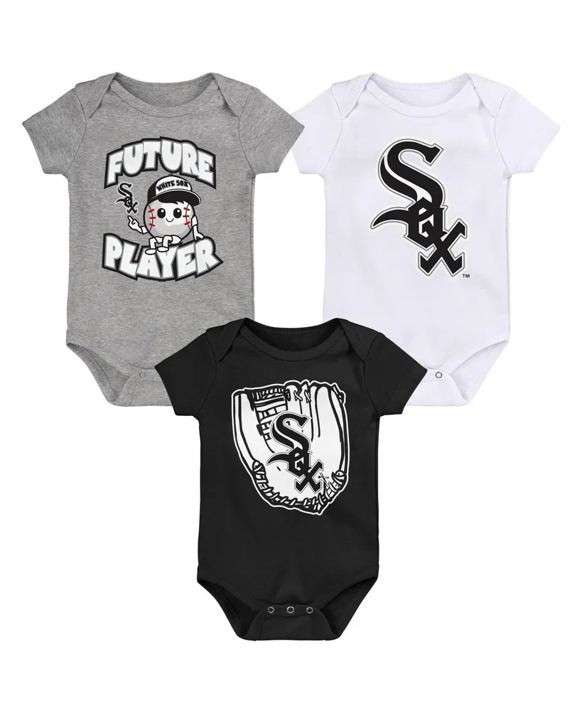 Newborn and Infant Boys Girls Heather Gray, Black, White Chicago Sox Minor League Player Three-Pack Bodysuit Set