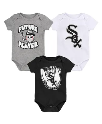 Newborn and Infant Boys Girls Heather Gray, Black, White Chicago Sox Minor League Player Three-Pack Bodysuit Set