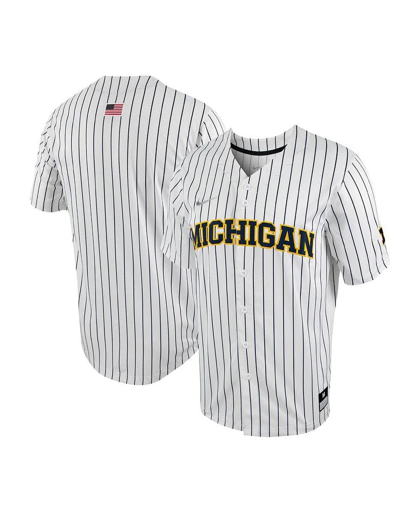 Men's Nike White, Navy Michigan Wolverines Pinstripe Replica Full-Button Baseball Jersey