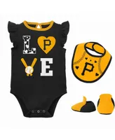 Newborn and Infant Boys Girls Black, Gold Pittsburgh Pirates Three-Piece Love of Baseball Bib, Bodysuit Booties Set