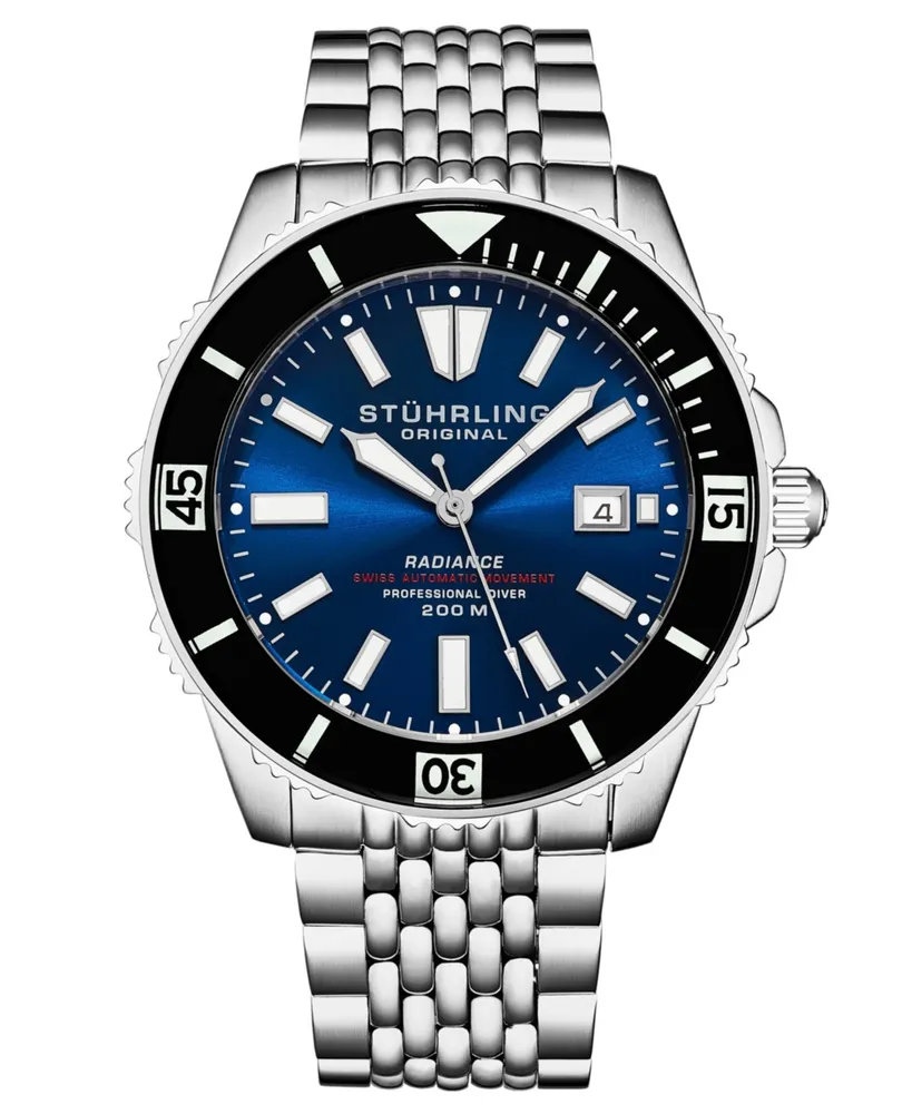 Stuhrling Men's Depthmaster Silver-tone Stainless Steel, Blue Dial, 43mm Round Watch - Silver