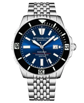 Stuhrling Men's Depthmaster Silver-tone Stainless Steel, Blue Dial, 43mm Round Watch - Silver