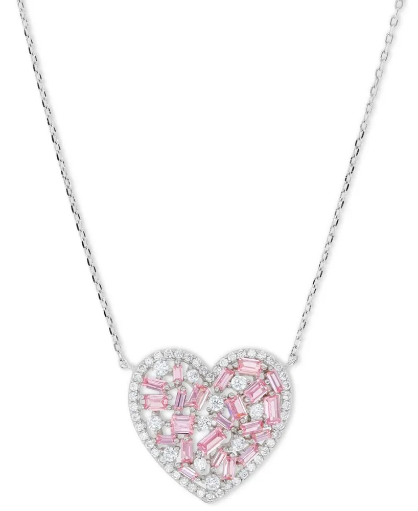 Pink & White Cubic Zirconia Heart Halo Pendant Necklace in Sterling Silver, 18" + 2" extender