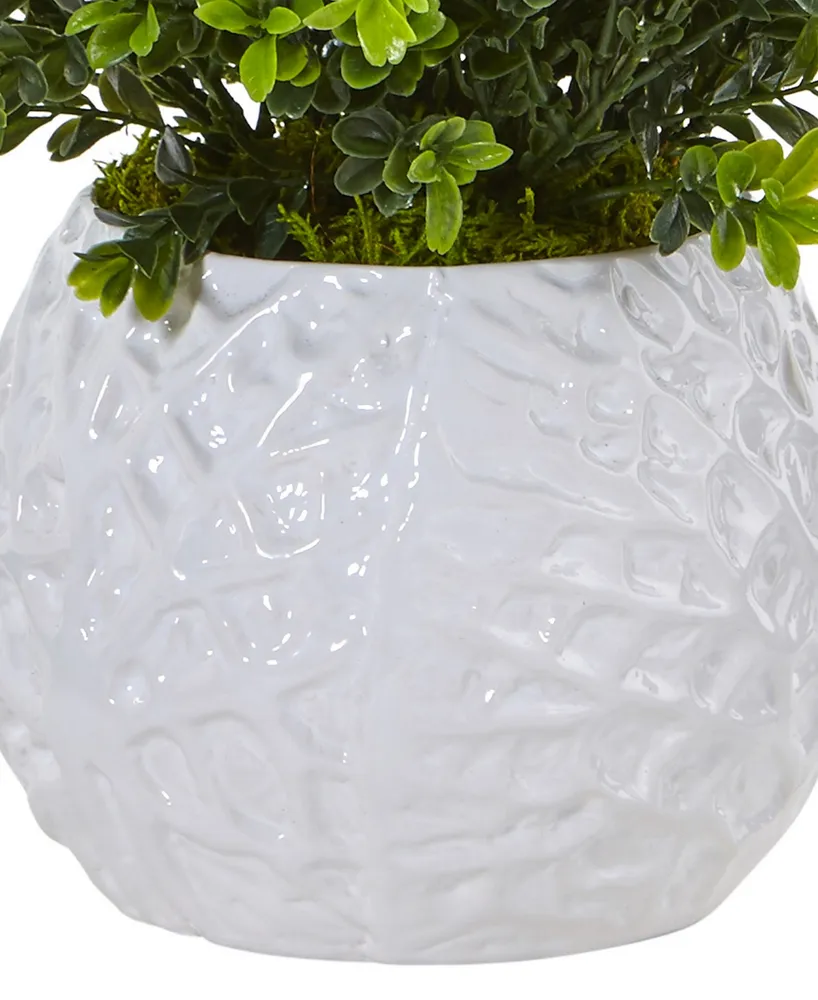 Nearly Natural Boxwood Evergreen Indoor/Outdoor Artificial Plant in White Vase