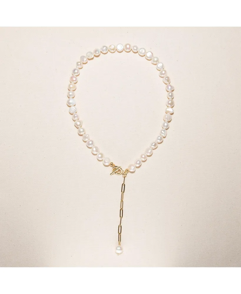 18K Gold Plated Paper Clip Chain with Freshwater Pearls - Morgan Necklace 17" For Women