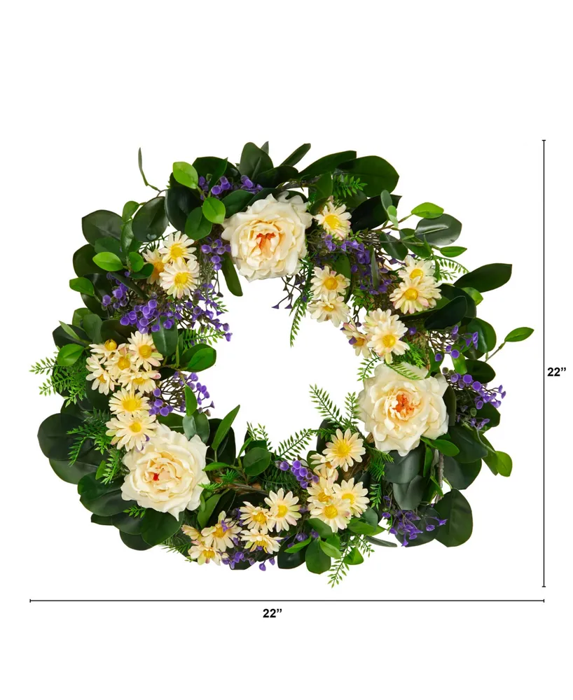 Mixed Rose and Daisy Artificial Wreath, 22"
