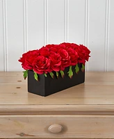 Nearly Natural Dozen Silk Roses in Ceramic Rectangular Planter