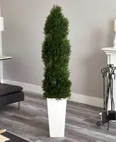 Nearly Natural 5.5' Double Pond Cypress Spiral Topiary Artificial Tree in White Tower Planter Uv Resistant