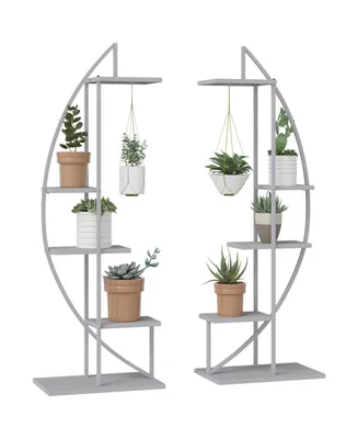 Outsunny 5 Tier Metal Plant Stand Half Moon Shape Ladder Flower Pot Holder Shelf for Indoor Outdoor Patio Lawn Garden Balcony Decor, 2 Pack