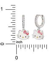 Cubic Zirconia & Enamel Hello Kitty Dangle Hoop Drop Earrings in Sterling Silver