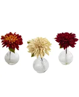 Nearly Natural Dahlia w/Decorative Vase, Set of 3