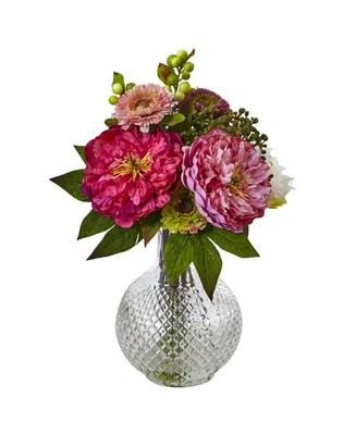 Nearly Natural Peony & Mum in Glass Vase