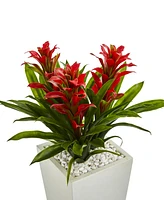 Nearly Natural Triple Bromeliad Artificial Plant in White Tower Planter