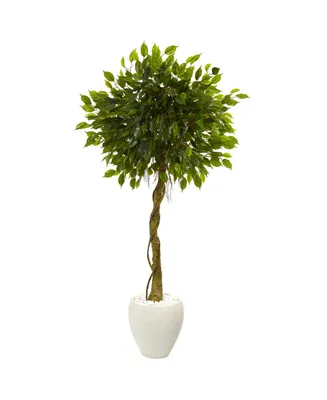 Nearly Natural 5.5' Ficus Artificial Tree in White Oval Planter Uv Resistant