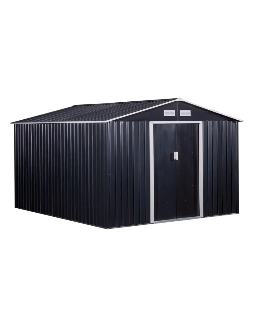 Outsunny 11' x 9' Metal Storage Shed Garden Tool House with Double Sliding Doors, 4 Air Vents for Backyard, Patio, Lawn Dark Grey