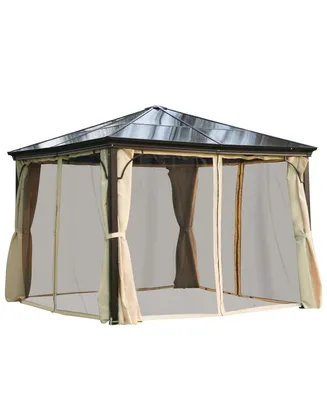 Outsunny 10x10 Polycarbonate Hardtop Gazebo, Gazebo Canopy with Aluminum Frame, Curtains and Netting for Garden, Patio, Backyard, Beige