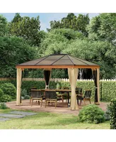 Outsunny 10' x 12' Hardtop Polycarbonate Gazebo Canopy, Aluminum Frame Pergola with Top Vent, Netting & Sidewalls for Garden, Patio, Khaki