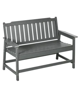 Outsunny Outdoor Bench, Waterproof Garden Bench with Backrest and Armrests, Slatted Plastic Patio Loveseat for Lawn, Yard, Balcony, Porch, Dark Gray